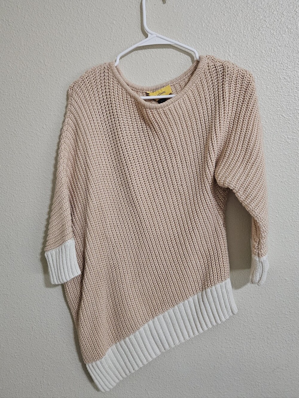 St. John Two-Tone Acemetrical Knit Crewneck Sweater in Blush and White